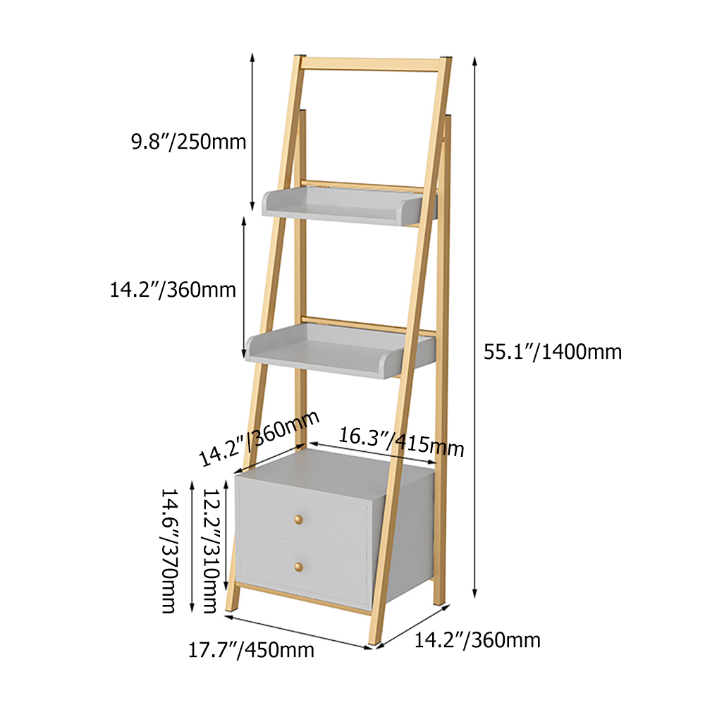 White & Gold Ladder Bookcase Storage with DrawersHomary
