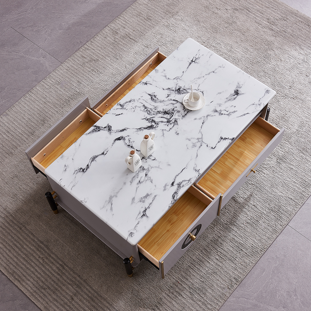 

Modern Marble Coffee Table with Storage & Stainless Steel Frame Rectangle Accent Table