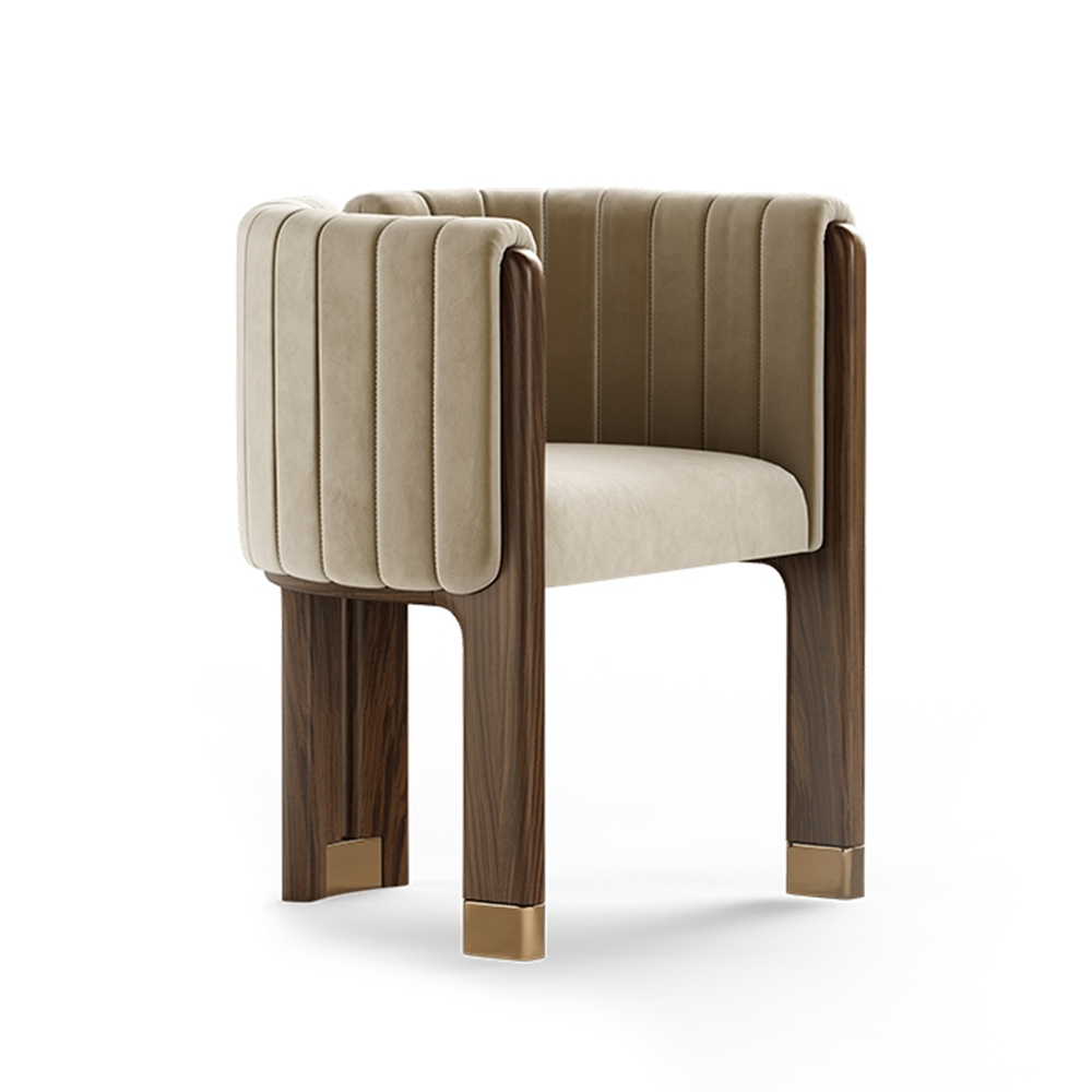 Modern Wood Accent Chair Camel Velvet Upholstered Arm Chair