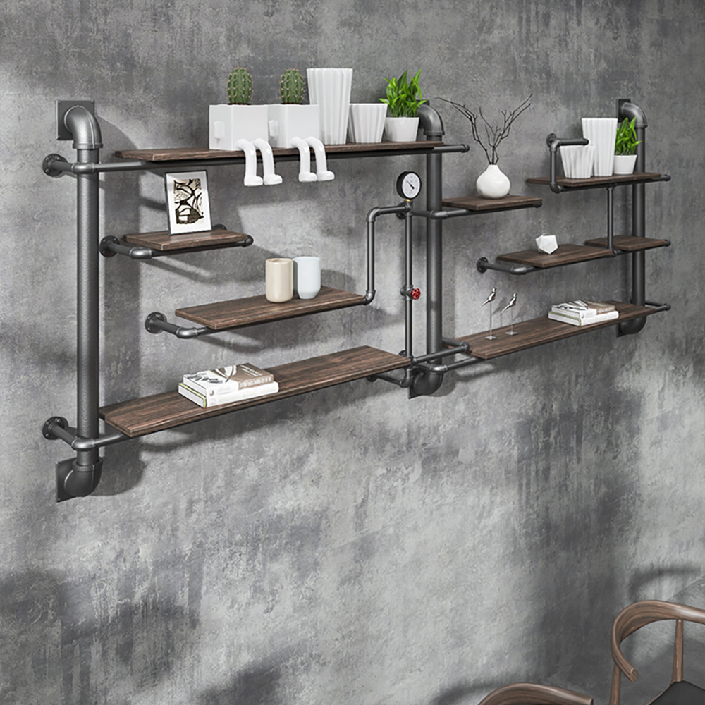 Image of Industrial Pipe Wall-Mounted Shleving in Black & Black Walnut