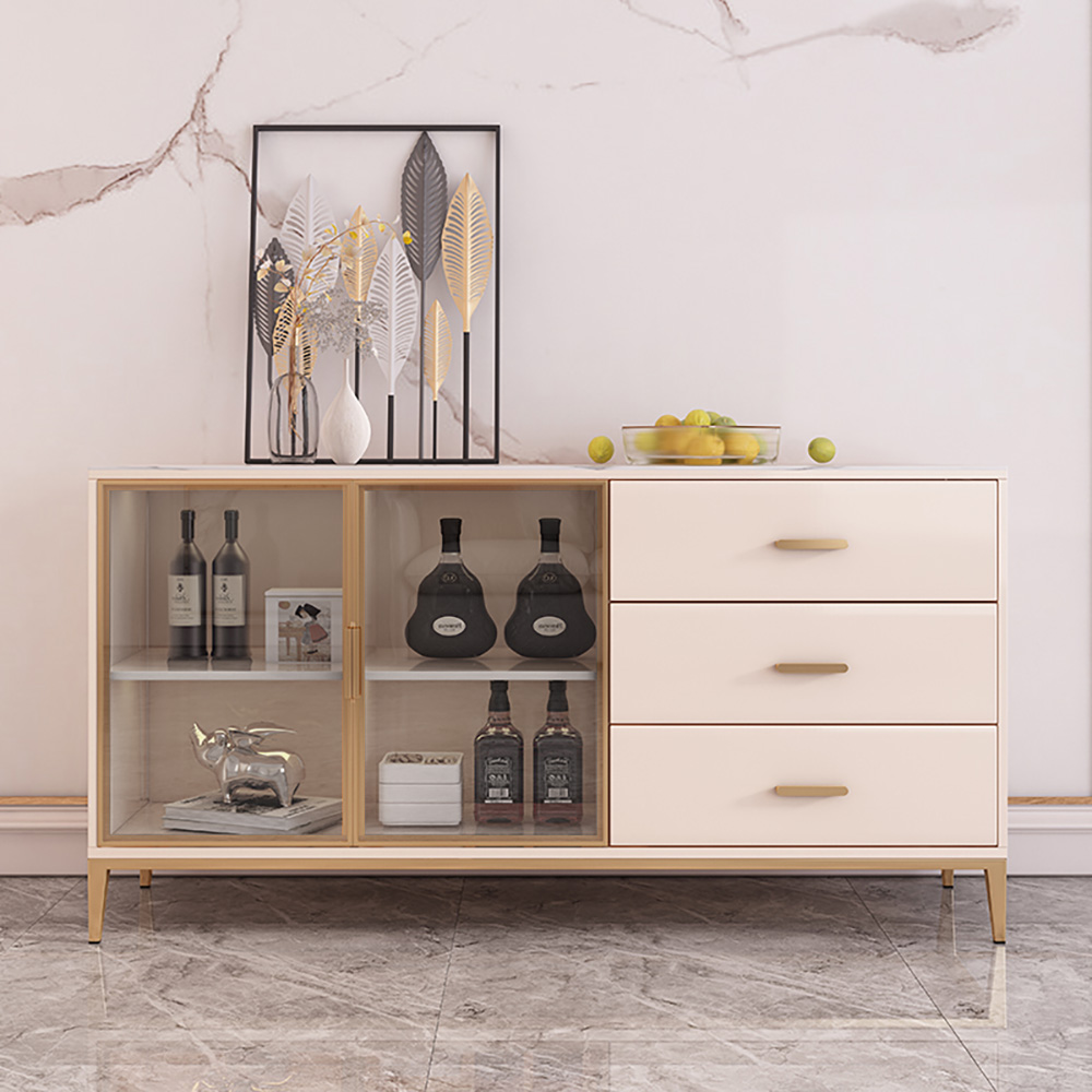 

Modern Light Khaki Buffet Stone Top Tempered Glass Doors Sideboard with Storage