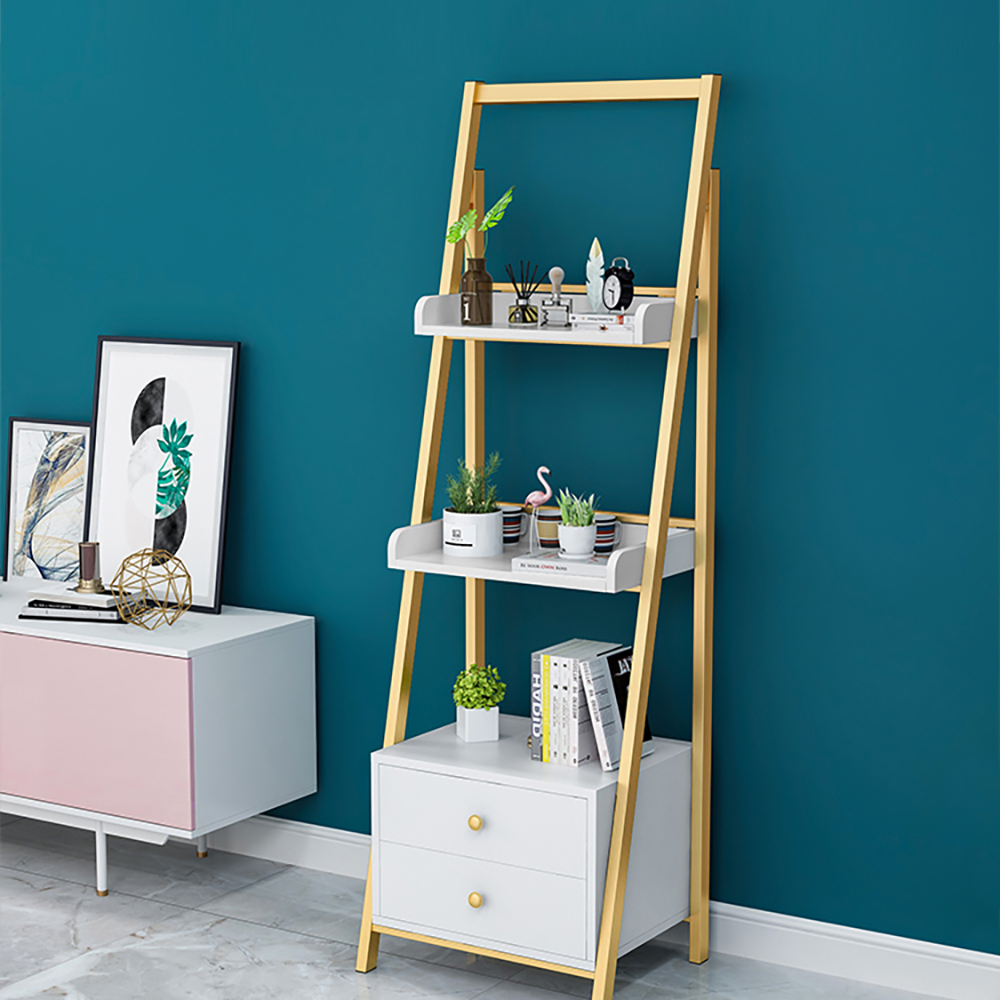 White & Gold Ladder Bookcase Storage with DrawersHomary