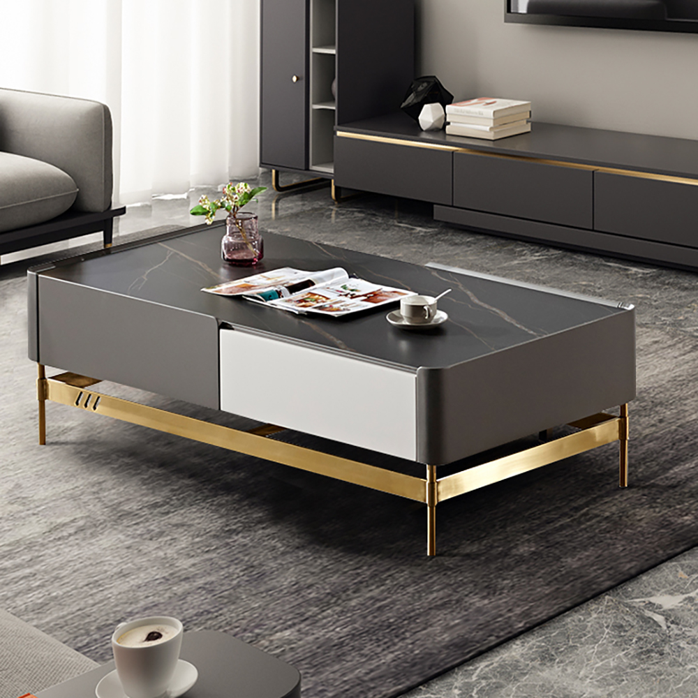 

Modern Black Coffee Table Decor with Storage Stone Top & Stainless Steel Base
