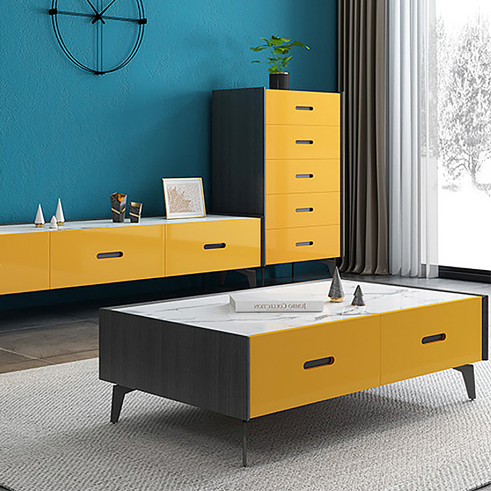 Modern Coffee Table with Storage Marble Top & Metal Frame in White