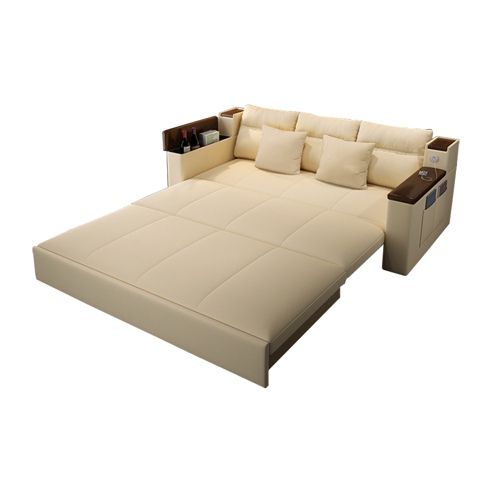 2100mm Beige Full Sleeper Sofa Linen Convertible Sofa Bed with Storage & Side Pockets