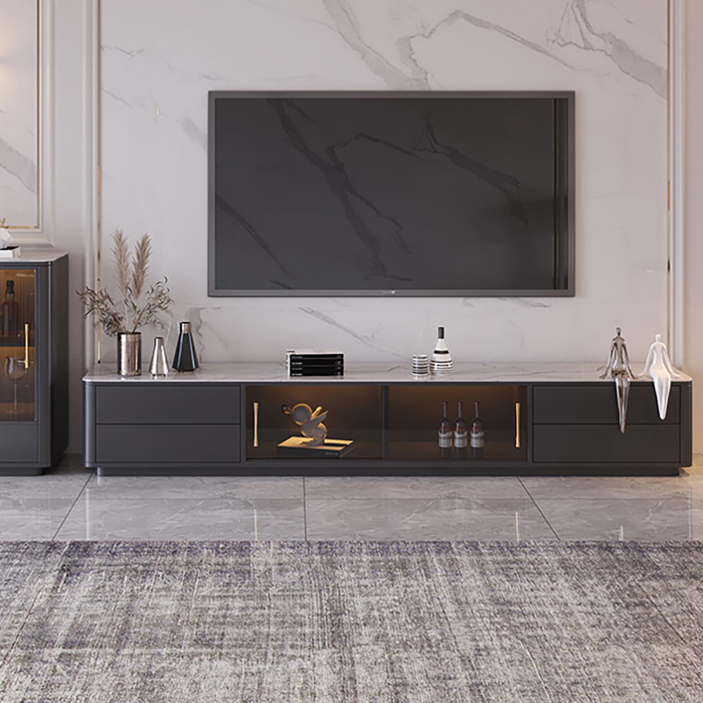Modern Black TV Stand Sintered Stone Top 4-Drawer Glass Doors Media Console in Large