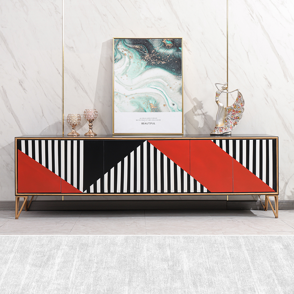 

Postmodern TV Stand Painted Geometric Mosaic 6-Door 3-Shelf Media Console