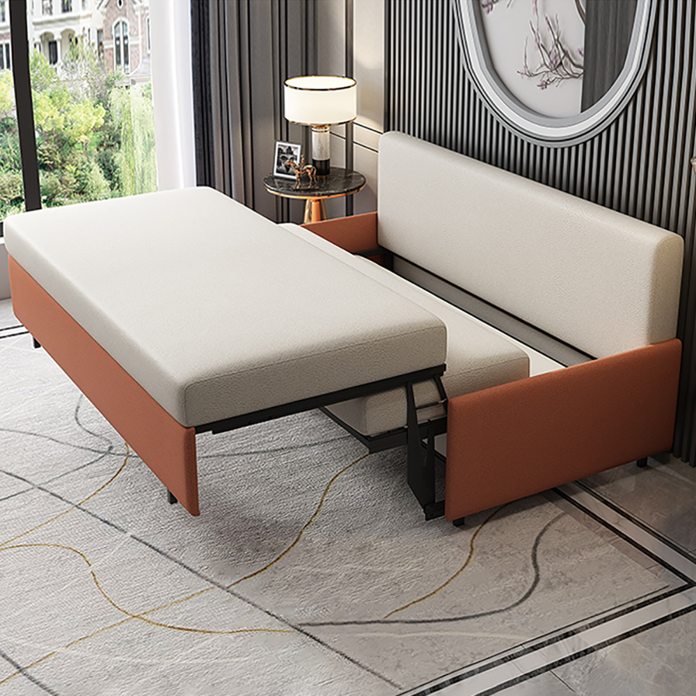 74.8" Beige&orange Full Sleeper Sofa Leath-aire Upholstered Convertible Sofa Bed