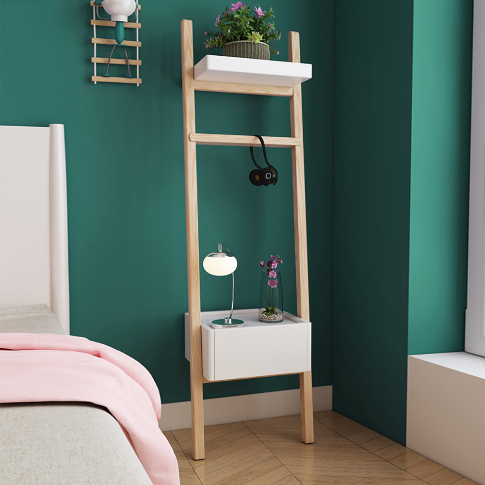 

Simple Ladder Bookcase Corner Shelves with Drawer & Cross-Bar