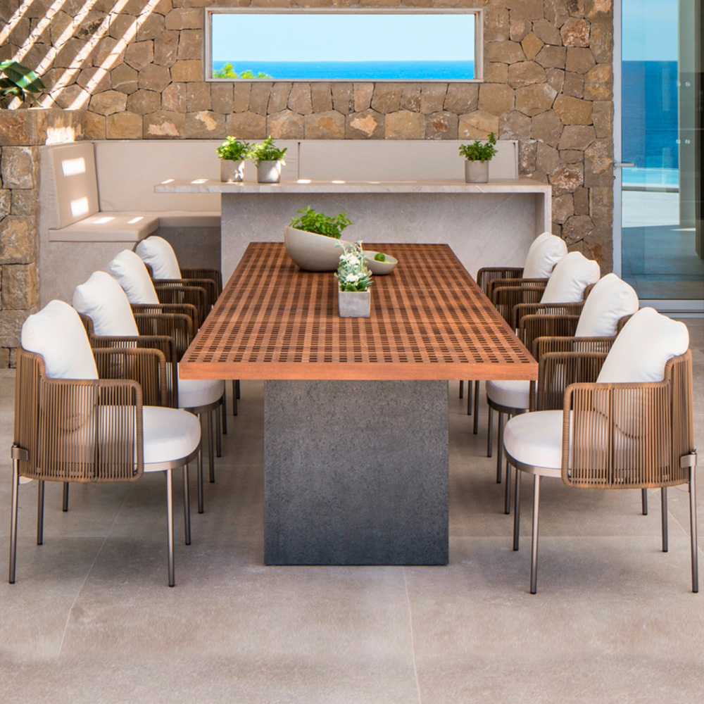 

9-Piece Outdoor Dining Set with Teak Wooden Table and Rope Woven Armchairs