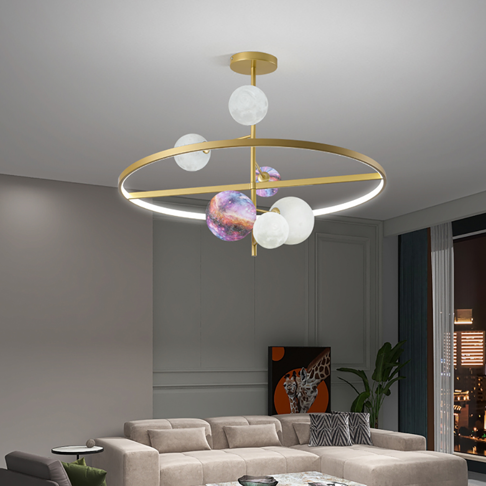 

6-Light+LED Light Gold Round Moon Sphere Chandelier Nordic Chandelier