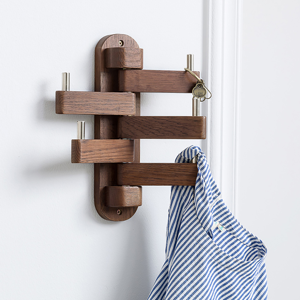 Rustic Oak Wood Wall Mounted Coat Rack Swivel 5 Hooks In Walnut