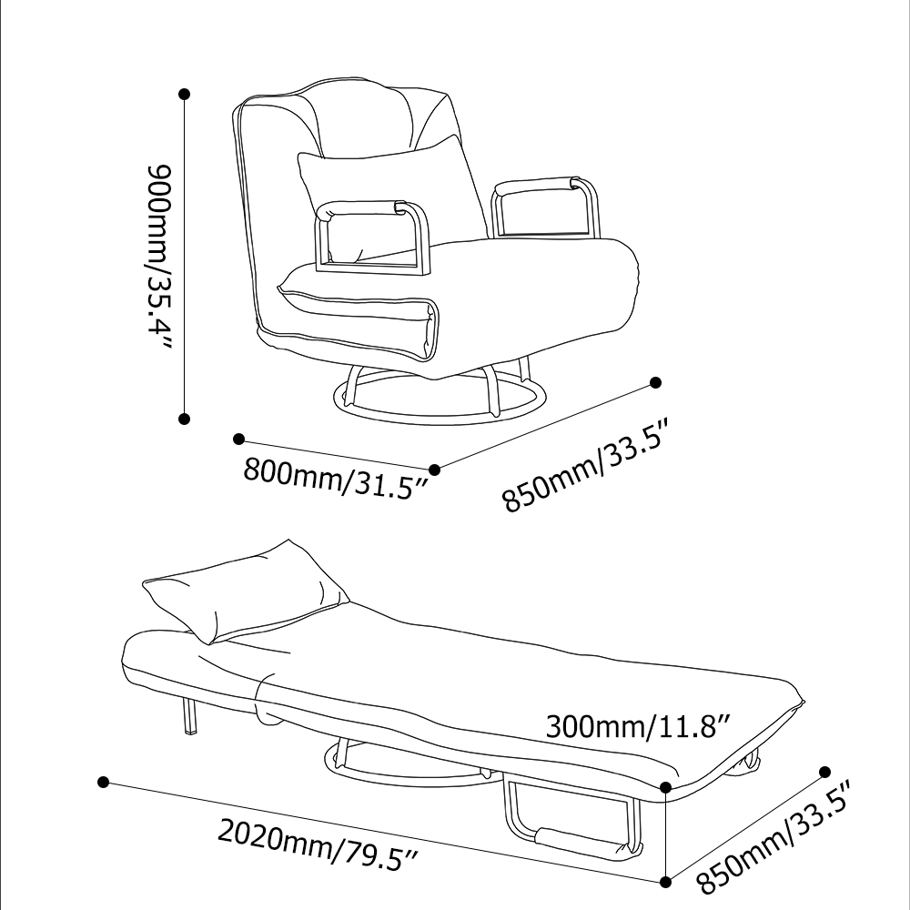 33.5" Beige Lay-down Singer Sleeper Sofa Bed Lounge Chair - Living Room ...