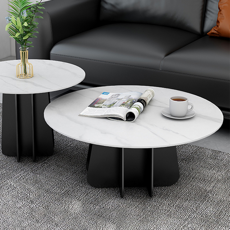 

Modern & Contemporary Round Coffee Table White Stone Top & Black Steel Trestle
