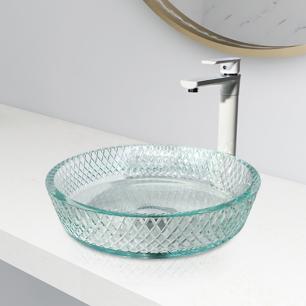 

Vessel Transparent Circular Diamond Shaped Crystal Glass Bathroom Wash Sink