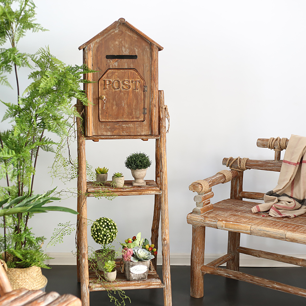 2-tier Vintage Wooden Plant Stand For Outdoors With Lockable Mailbox