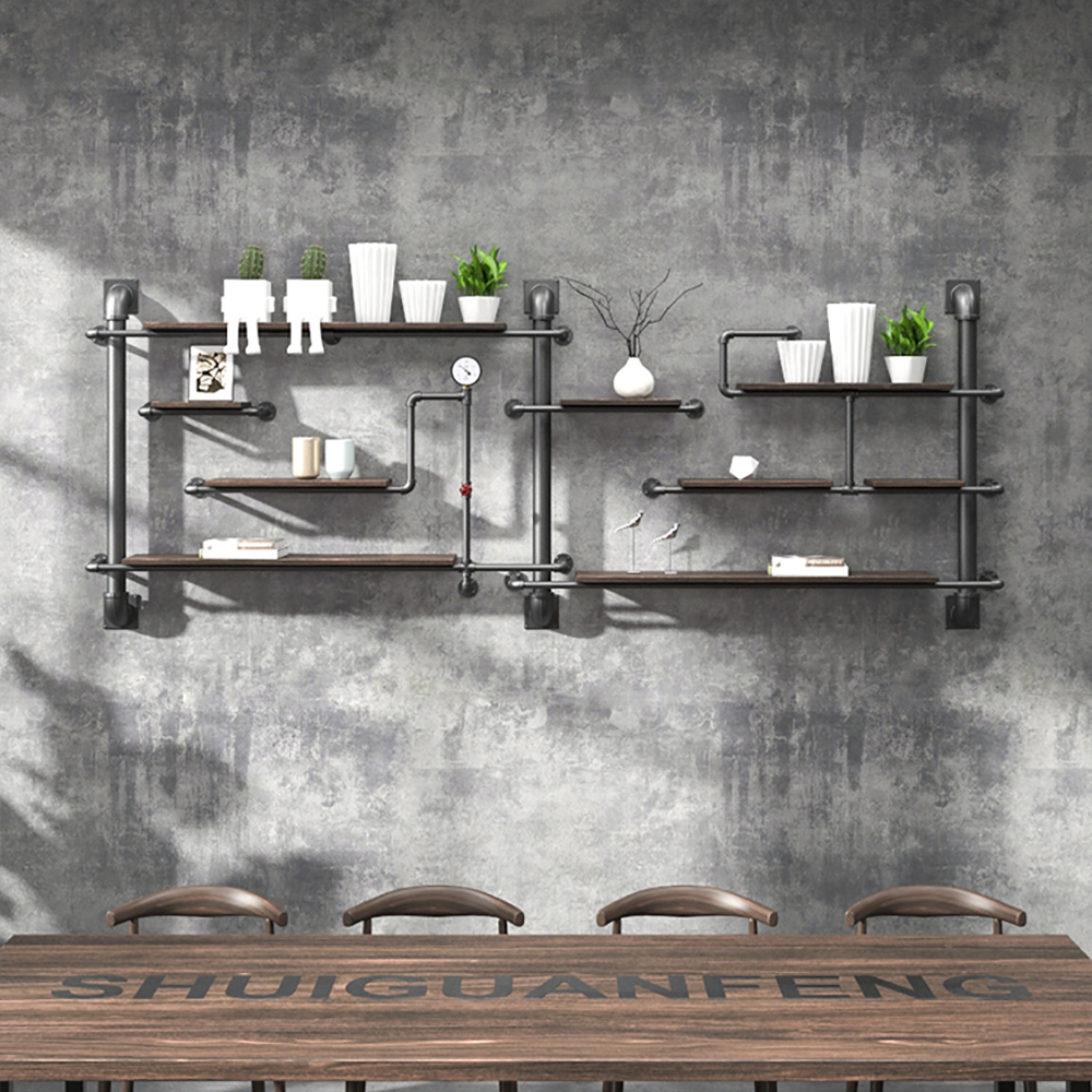Industrial Pipe Wall-Mounted Shleving in Black & Black Walnut