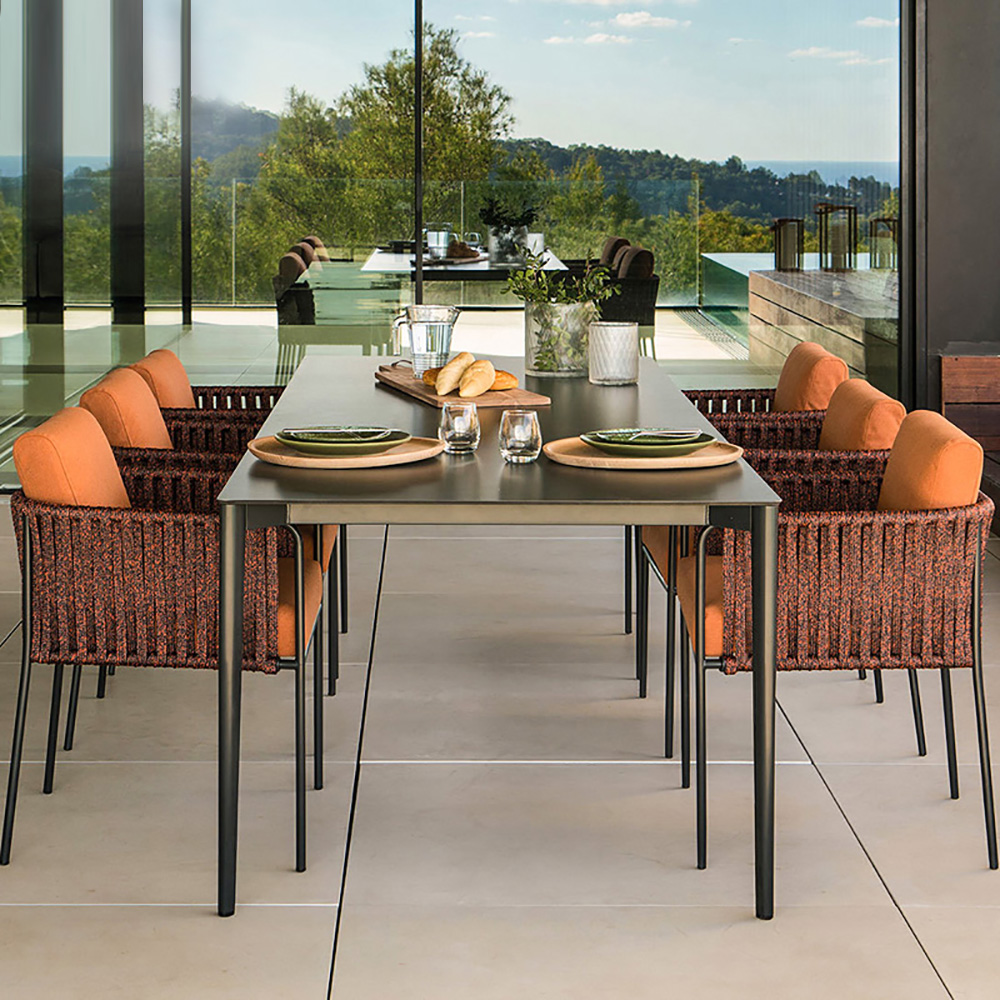 

7-Pieces Outdoor Dining Set with Glass Top Table and Rope Woven Chairs