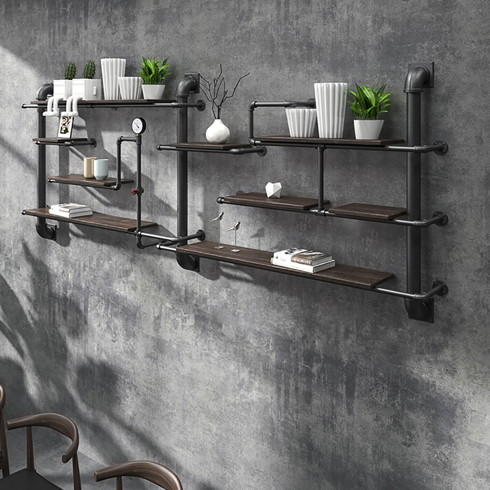 Industrial Pipe Wall-Mounted Shleving in Black & Black Walnut