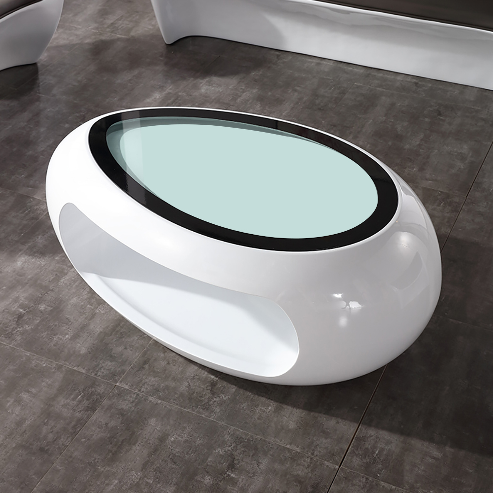 

Oval Tempered Glass Coffee Table with Storage in FRP in White
