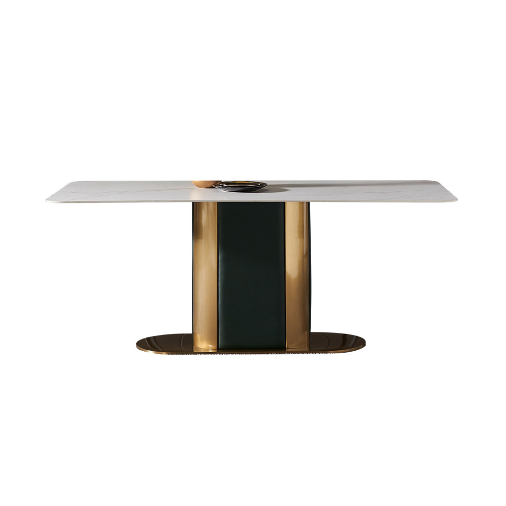 

63" Modern Dining Table Rectangle Stone Top & Titanium & Leather Base