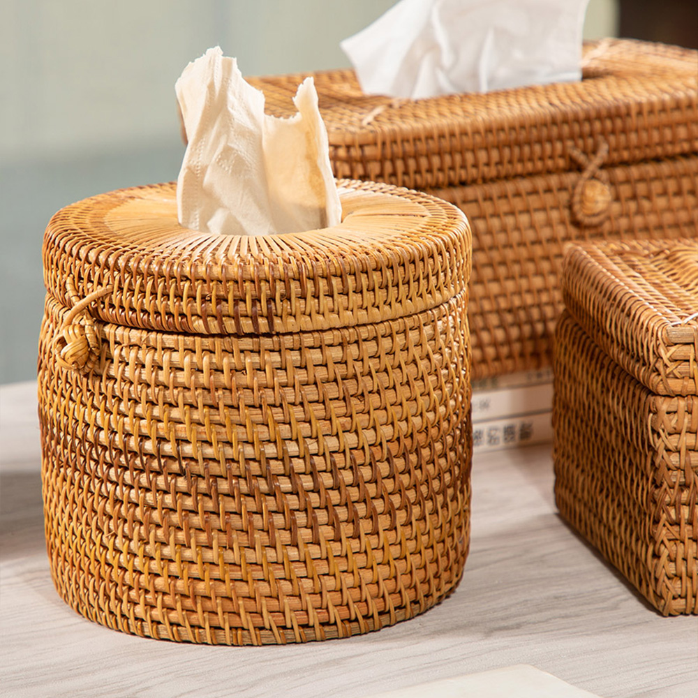 Rustic Modern Straw Plaited Tissue Box Cover In Rattan