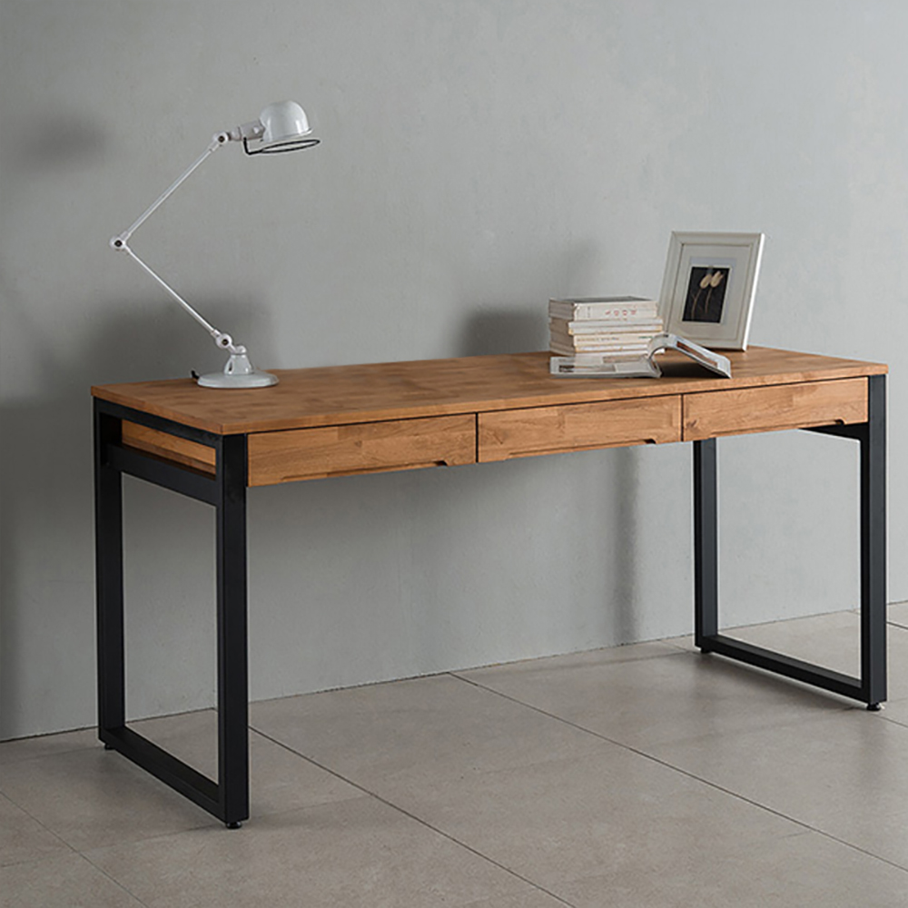 1200mm Rustic Wooden Natural & Black Office Desk with Drawers & Metal Legs