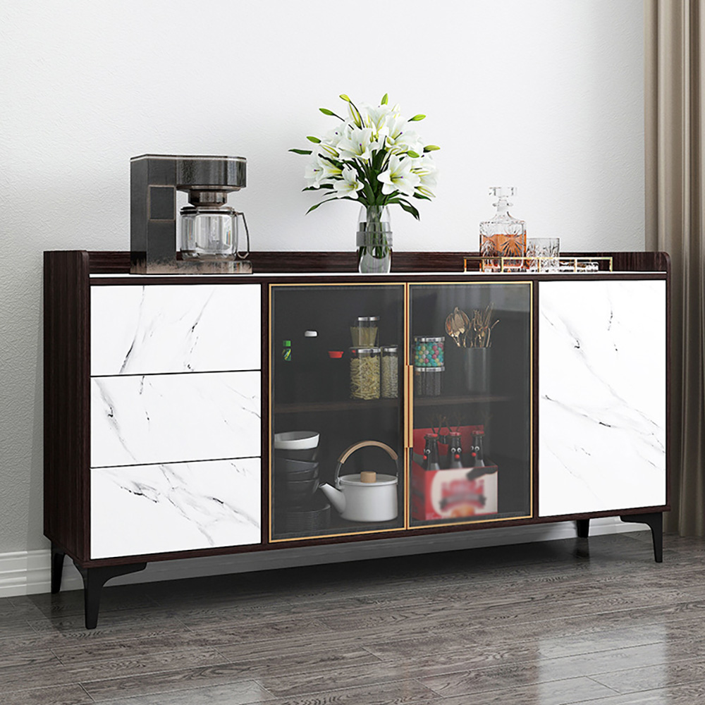 

White&Walnut Buffet Tempered Glass Top & Doors Sideboard with Drawers & Shelves