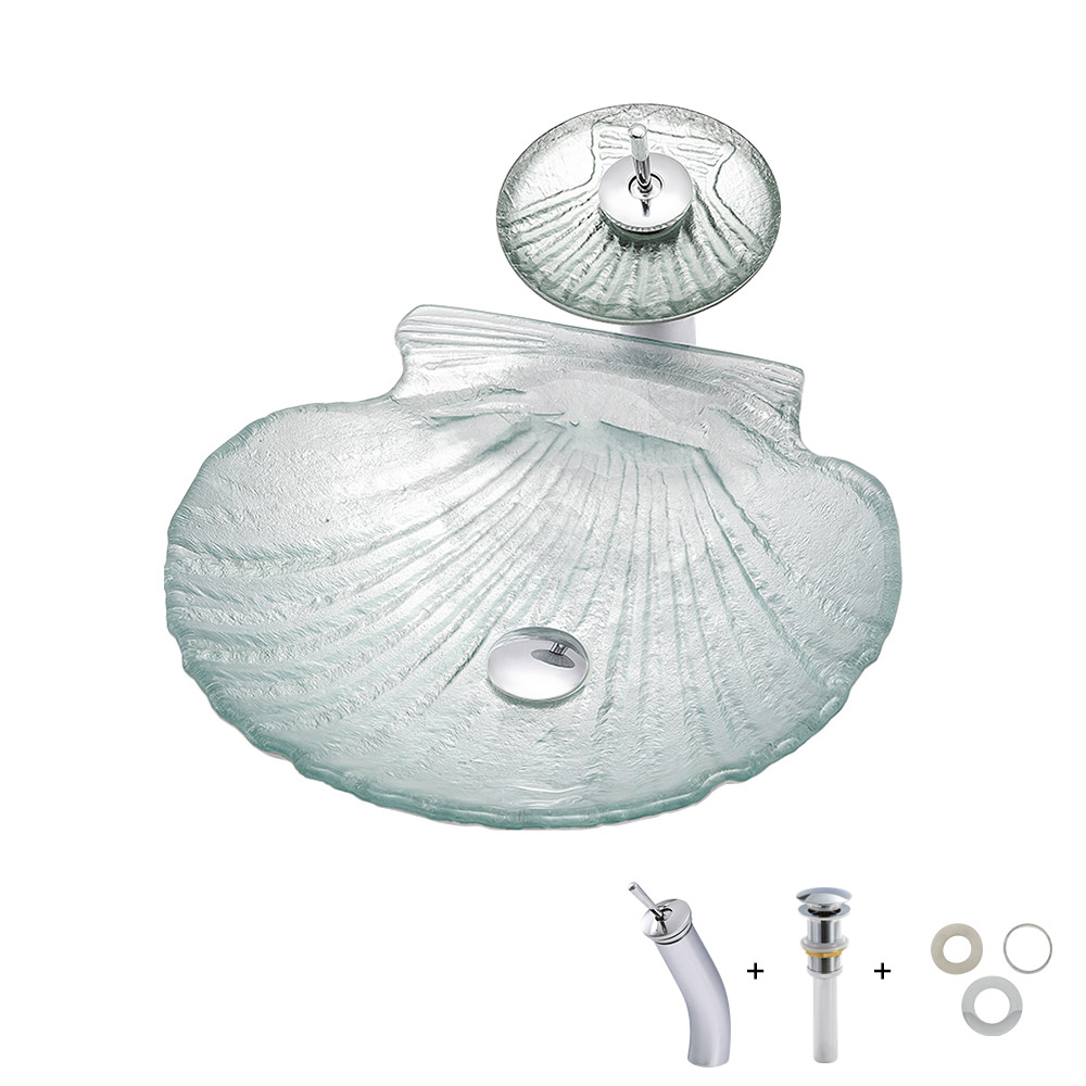 Countertop Transparent Shell Shaped Crystal Glass Bowl Bathroom Wash Basin with Tap
