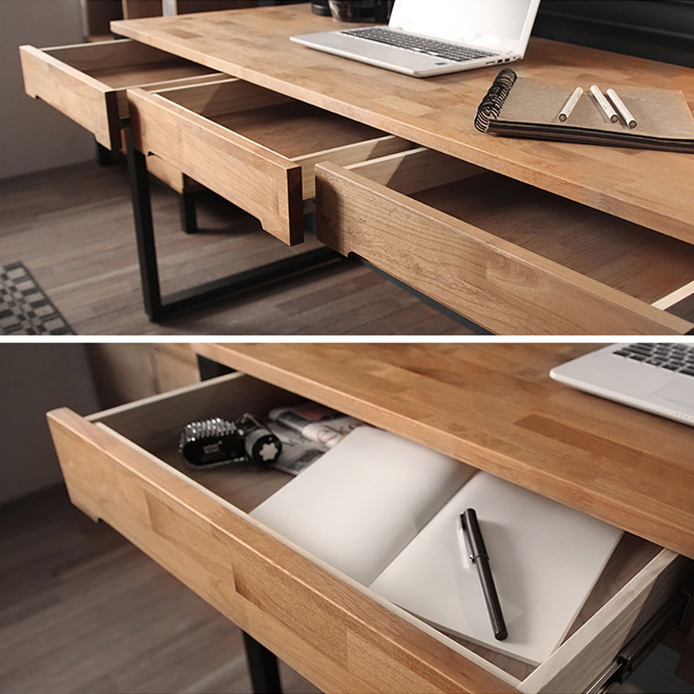 47.2" Modern Wooden Natural & Black Office Desk with Drawers & Metal Legs