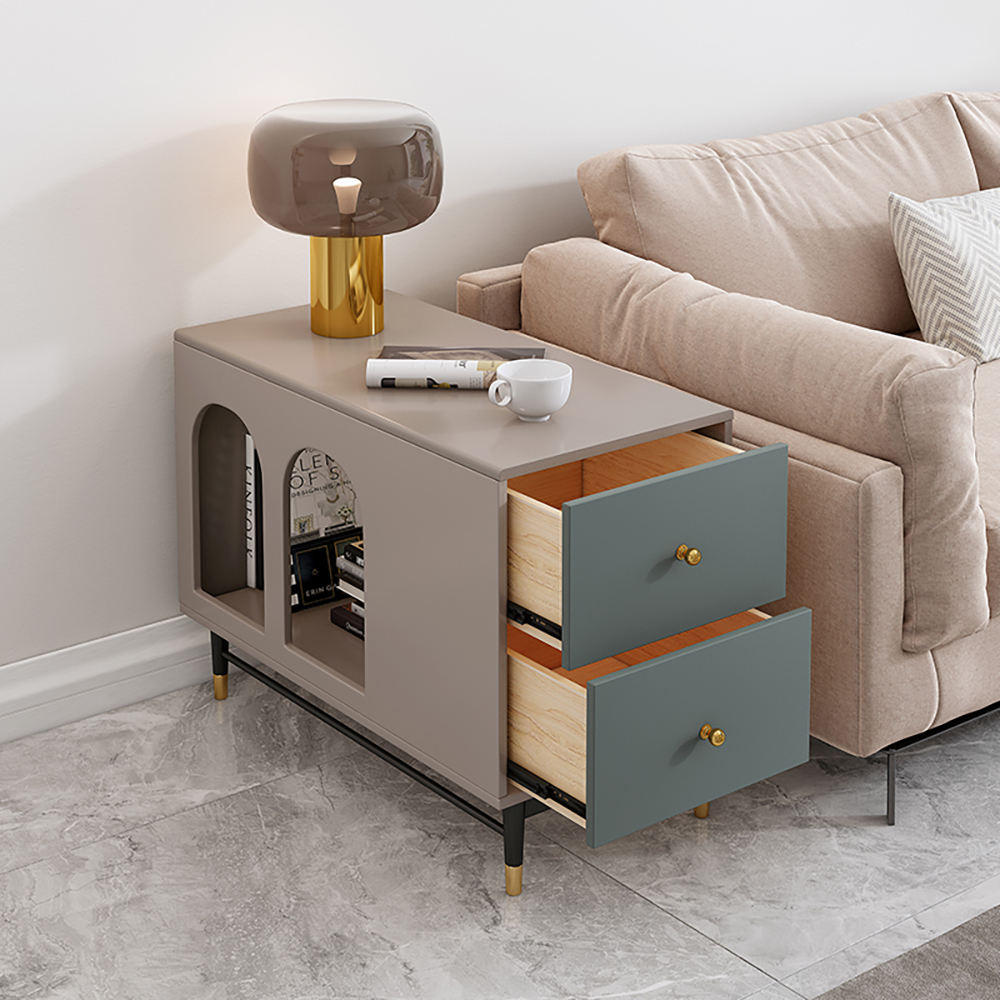 Wooden Gray Side Table with Storage Narrow End Table with Drawers-Homary