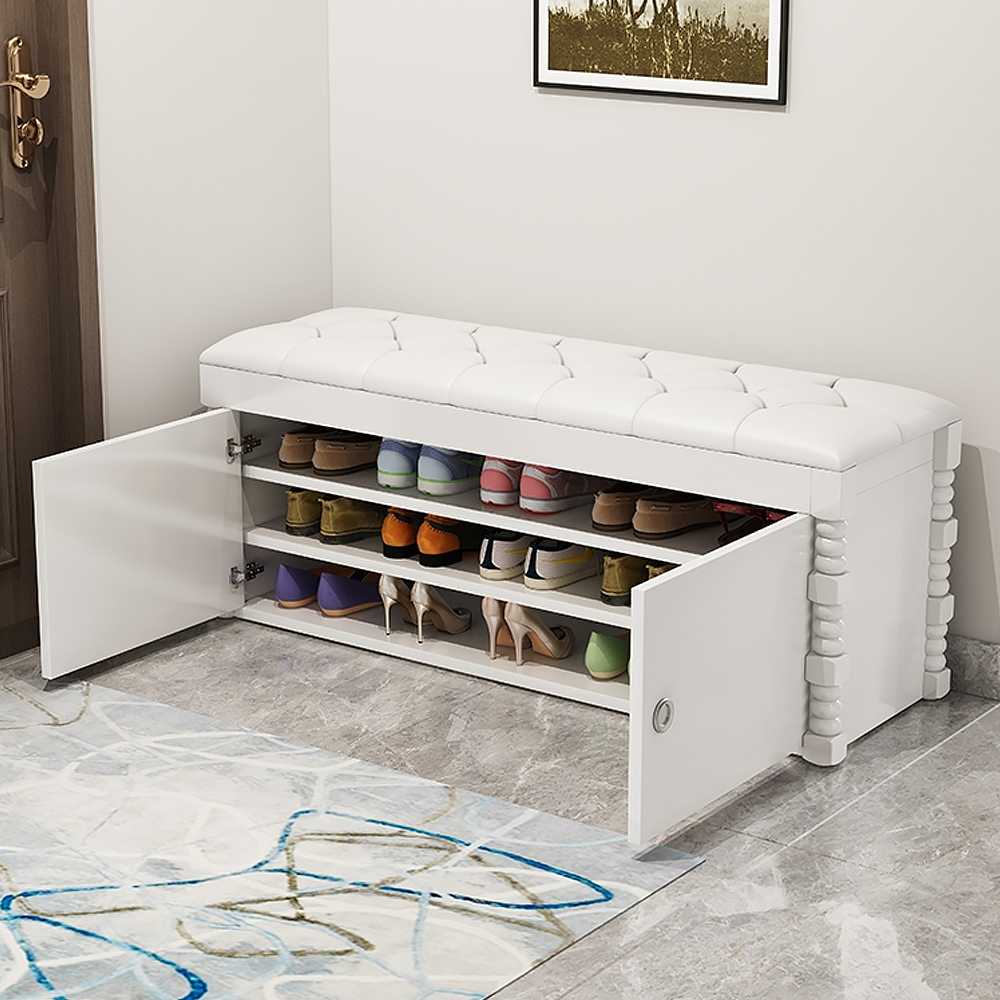 

White Entryway Bench with Shoe Storage Leather Upholstered