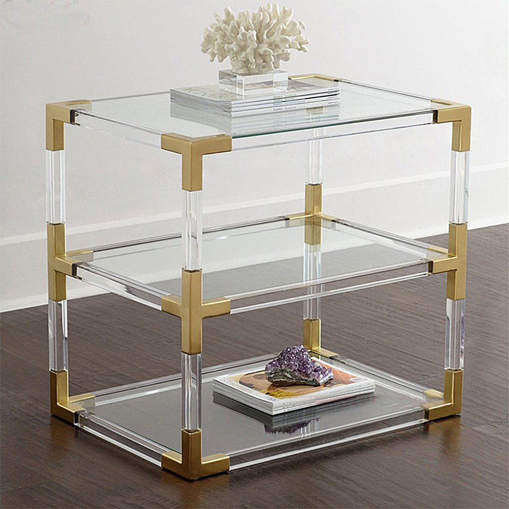Clear Acrylic End Table Glass Top with Storage 3-Tier Side Table