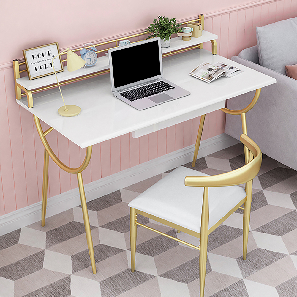 Modern White Writing Desk with Drawer & Shelf Office Desk Metal Frame
