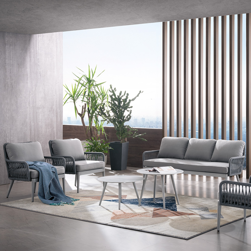 

5-Pieces Rattan Woven Outdoor Conversation Set with Aluminum Frame and Group Tables