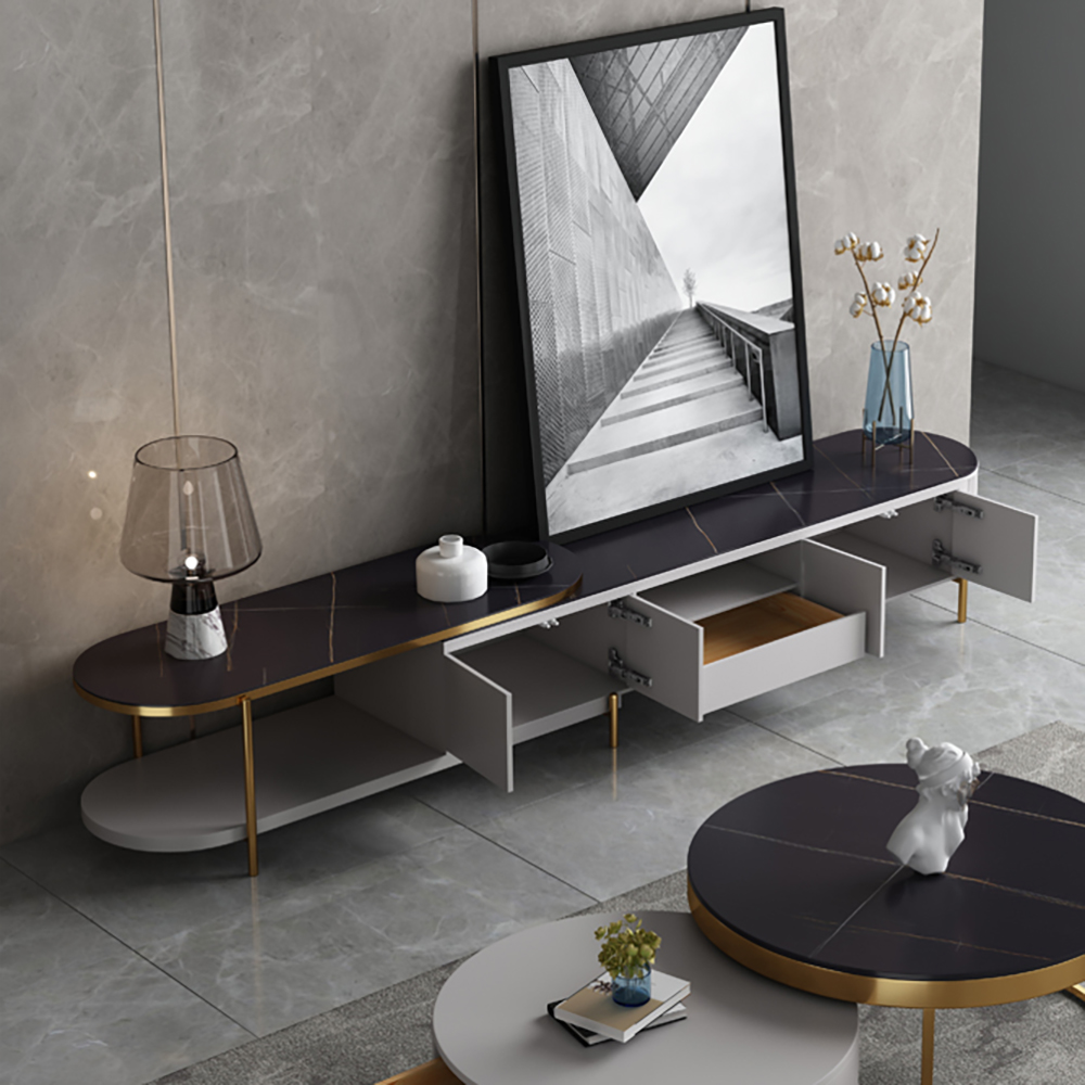 Modern Extendable TV Stand Gray Oval Stone Top TV Console with 4 Doors 1 DrawerHomary