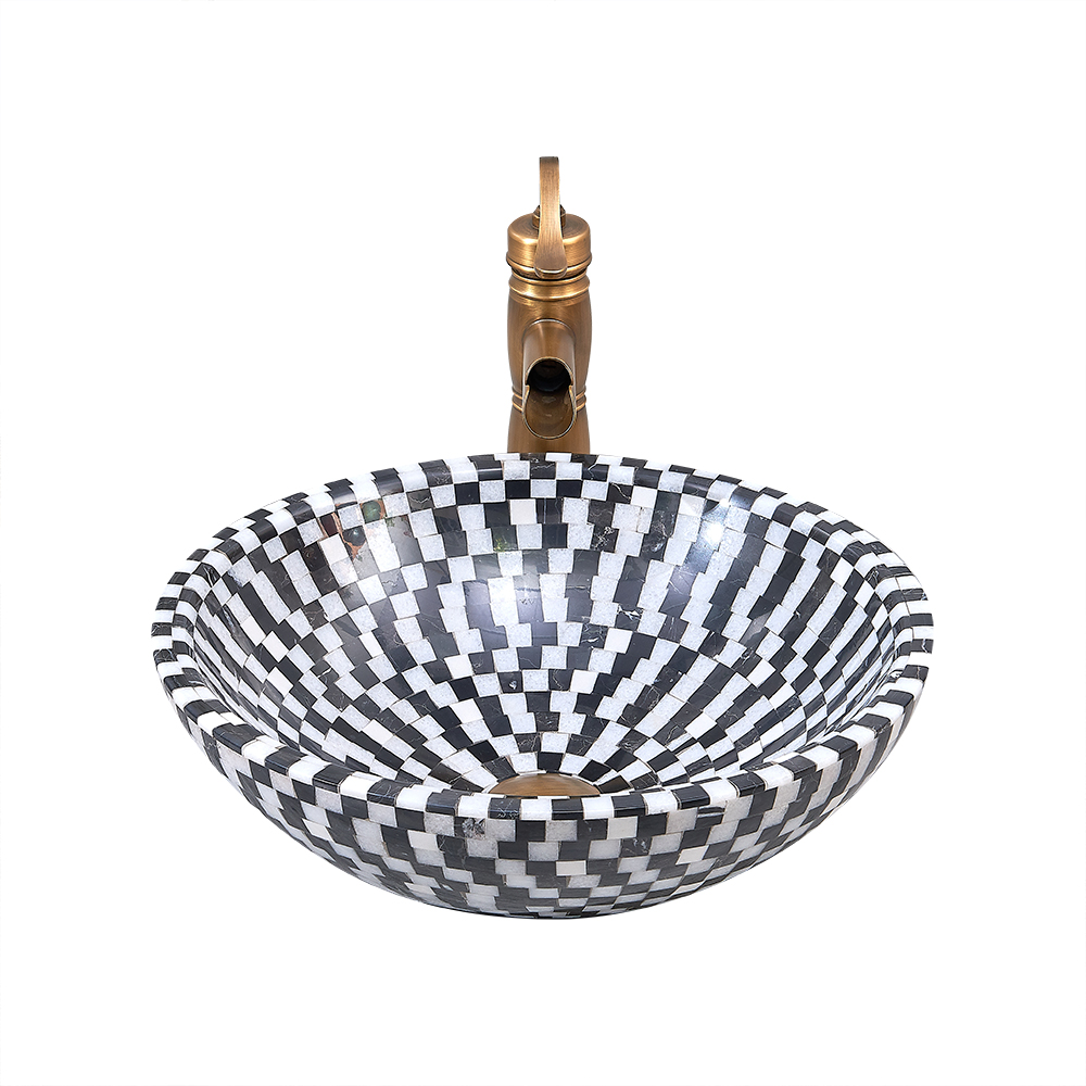 Vessel Circular Natural Stone Bathroom Wash Sink Bowl Shape Mosaic Design