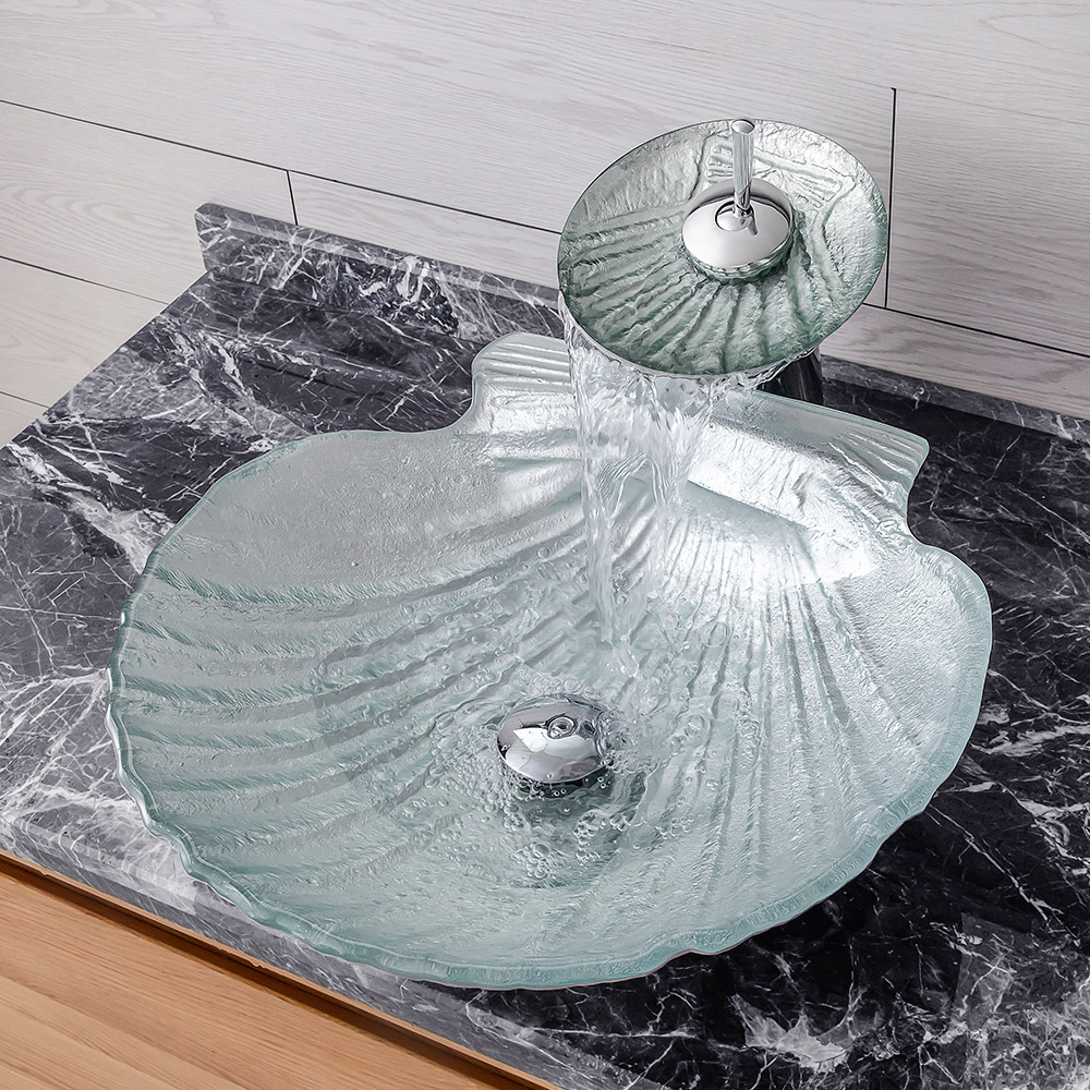 Vessel Transparent Shell Shaped Crystal Glass Bowl Bathroom Wash Sink with Faucet
