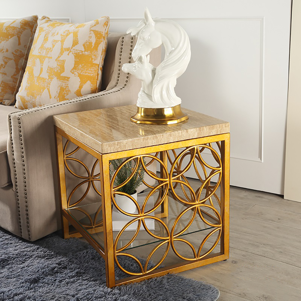 

Modern Gold End Table with Marble Top & Metal Frame Side Table