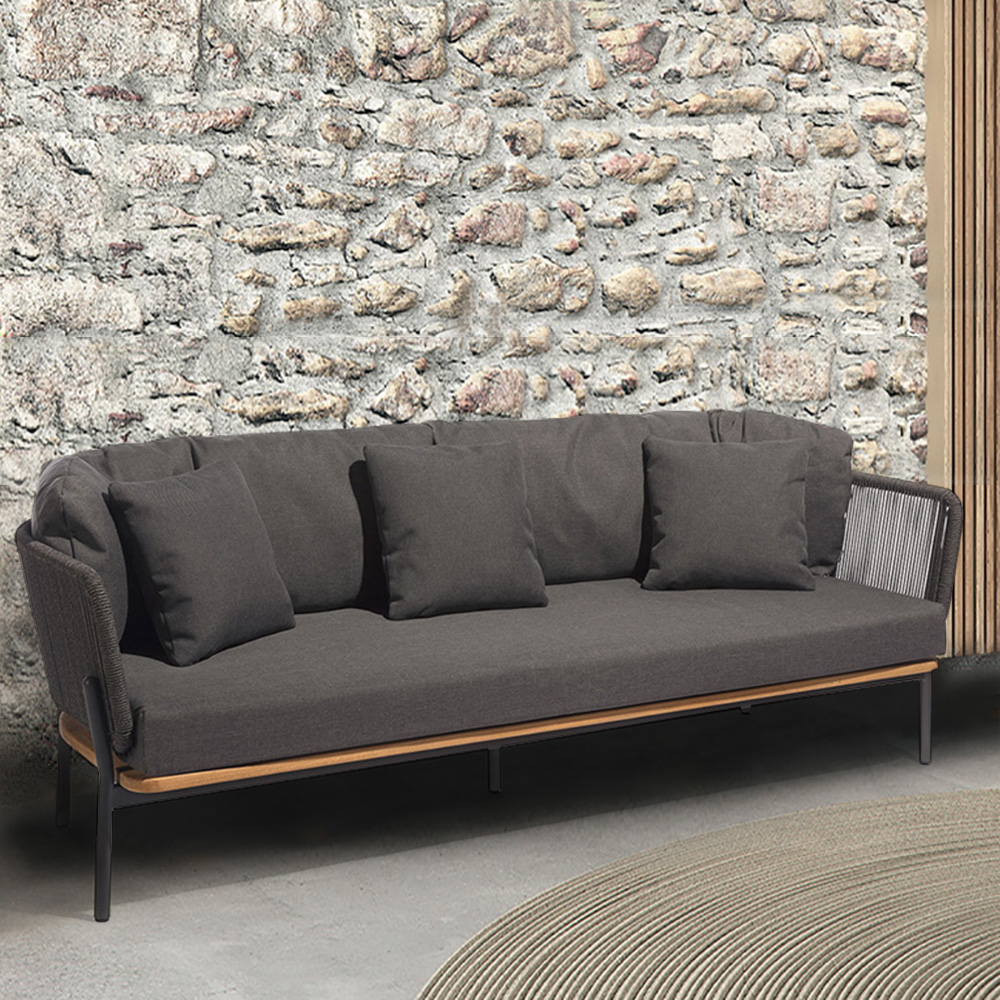 

3-Seater Woven Rope Outdoor Sofa with Cushion and Pillow Aluminum in Dark Gray