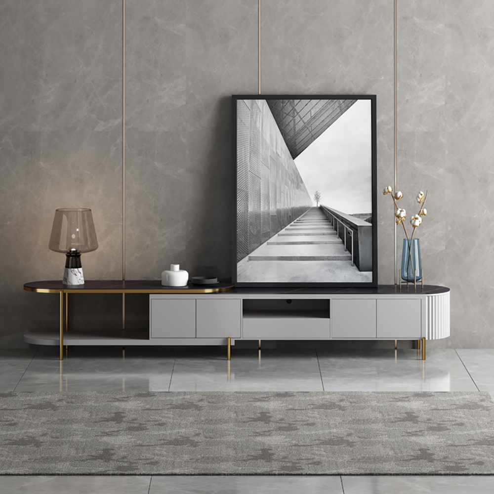 

Modern Extendable TV Stand Gray Oval Stone Top TV Console with 4 Doors 1 Drawer