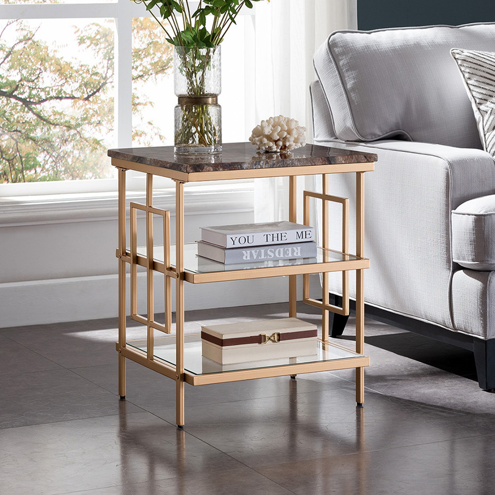 Modern Square Marble End Table in Mahogany with Gold Metal Frame-Homary