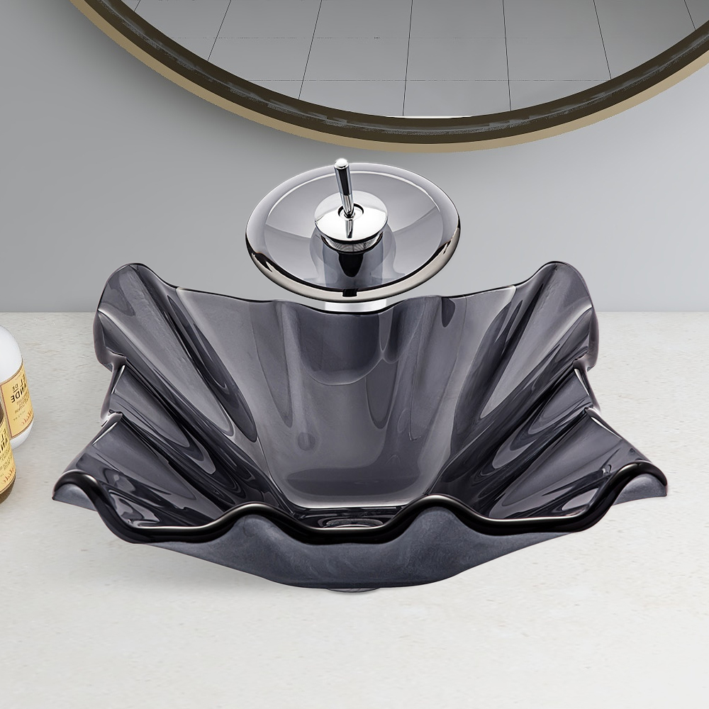 

Vessel Flower Shaped Crystal Glass Bowl Bathroom Wash Sink with Faucet