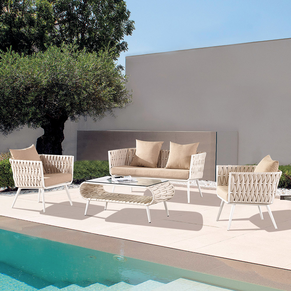 

4-Pieces PE Rattan Woven Outdoor Conversation Set with Khaki Cushion and Glass-top Coffe