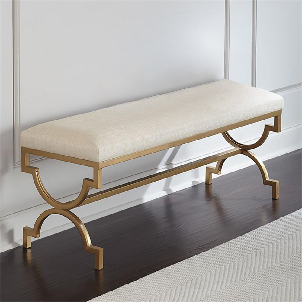 

Modern Linen Upholstered Bedroom Bench Gold Metal Frame Ottoman