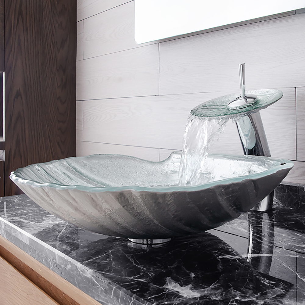 Countertop Transparent Shell Shaped Crystal Glass Bowl Bathroom Wash Basin with Tap